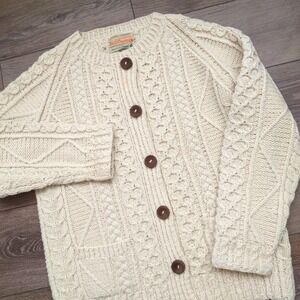 Vtg Fisherman Irish Hand Knit Cardigan Sweater Cream Wool Cable Knit Loch Garman